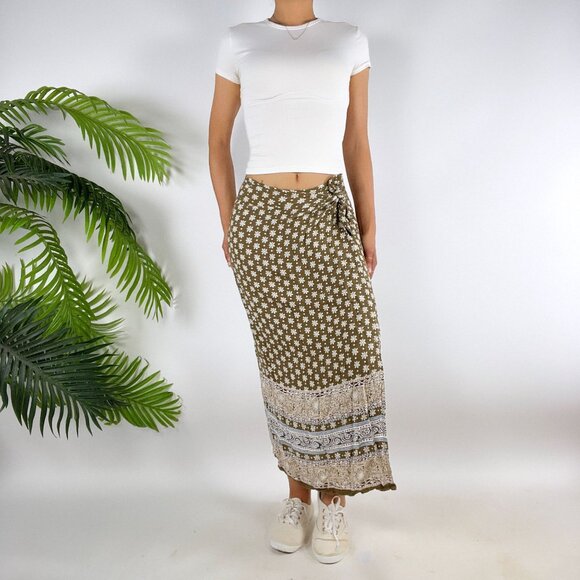 Vintage 90s Express Brown Floral Boho Beachy Cottage Wrap Maxi Skirt / Small - Picture 3 of 7